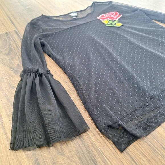 💙 Disney Coco Wide Sleeve Mesh Lined Stretchy Shirt Rose Embroidery Y2K Size S - Picture 5 of 8